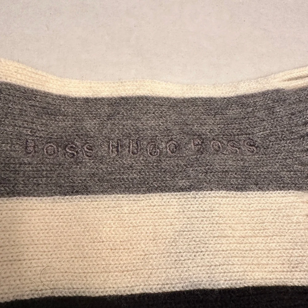 Hugo Boss Wool Neck‎ Scarf 52”x12” Black Gray Ivory Embroidered Logo